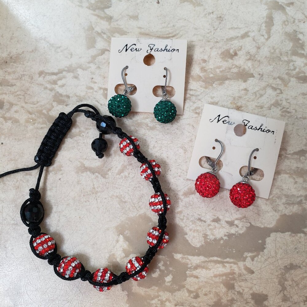 Christmas shamballa inspired jewelry set shiny disco ball earrings bracelet